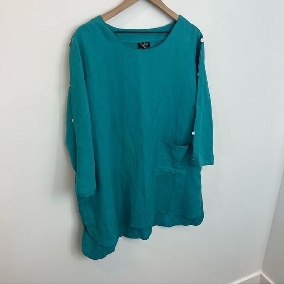 Toofan teal linen 1X blouse with buttons down arm - Picture 2 of 14